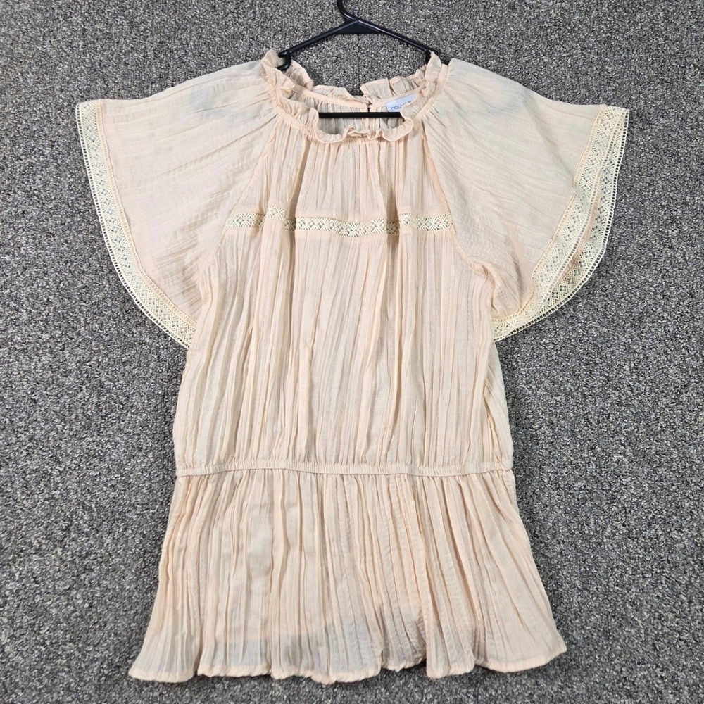 Nouveau Monde Blouse Womens Large Peach Crochet Lace‎ Angel Sleeve Peplum Top